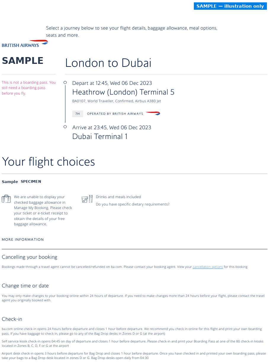 Sample British Airways booking confirmation with the passenger name and booking reference replaced