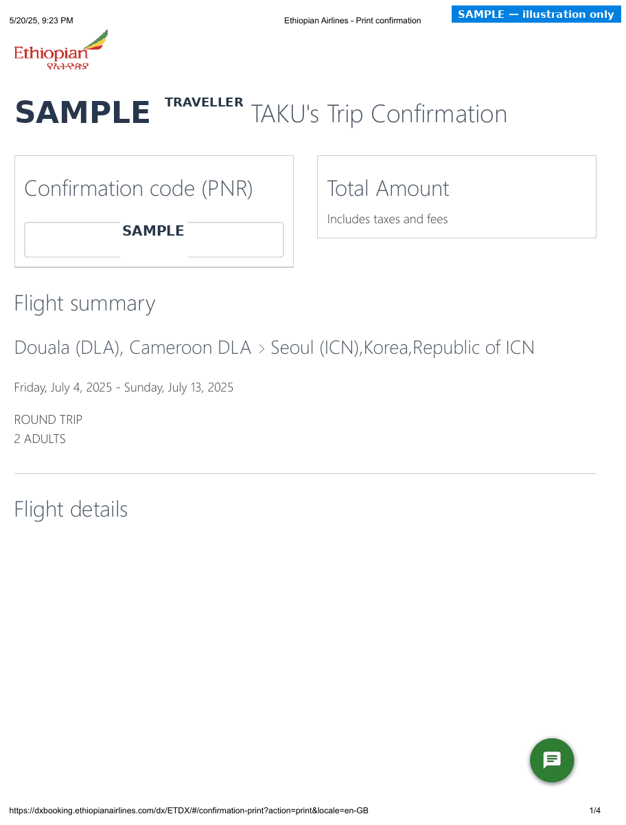 Sample Ethiopian Airlines booking confirmation with the passenger name and booking reference replaced