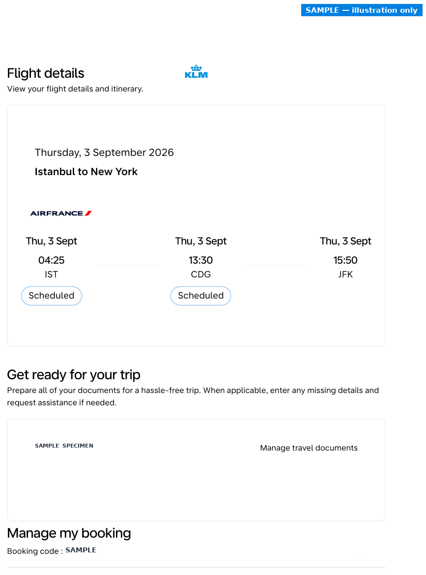 Sample KLM booking confirmation with the passenger name and booking reference replaced