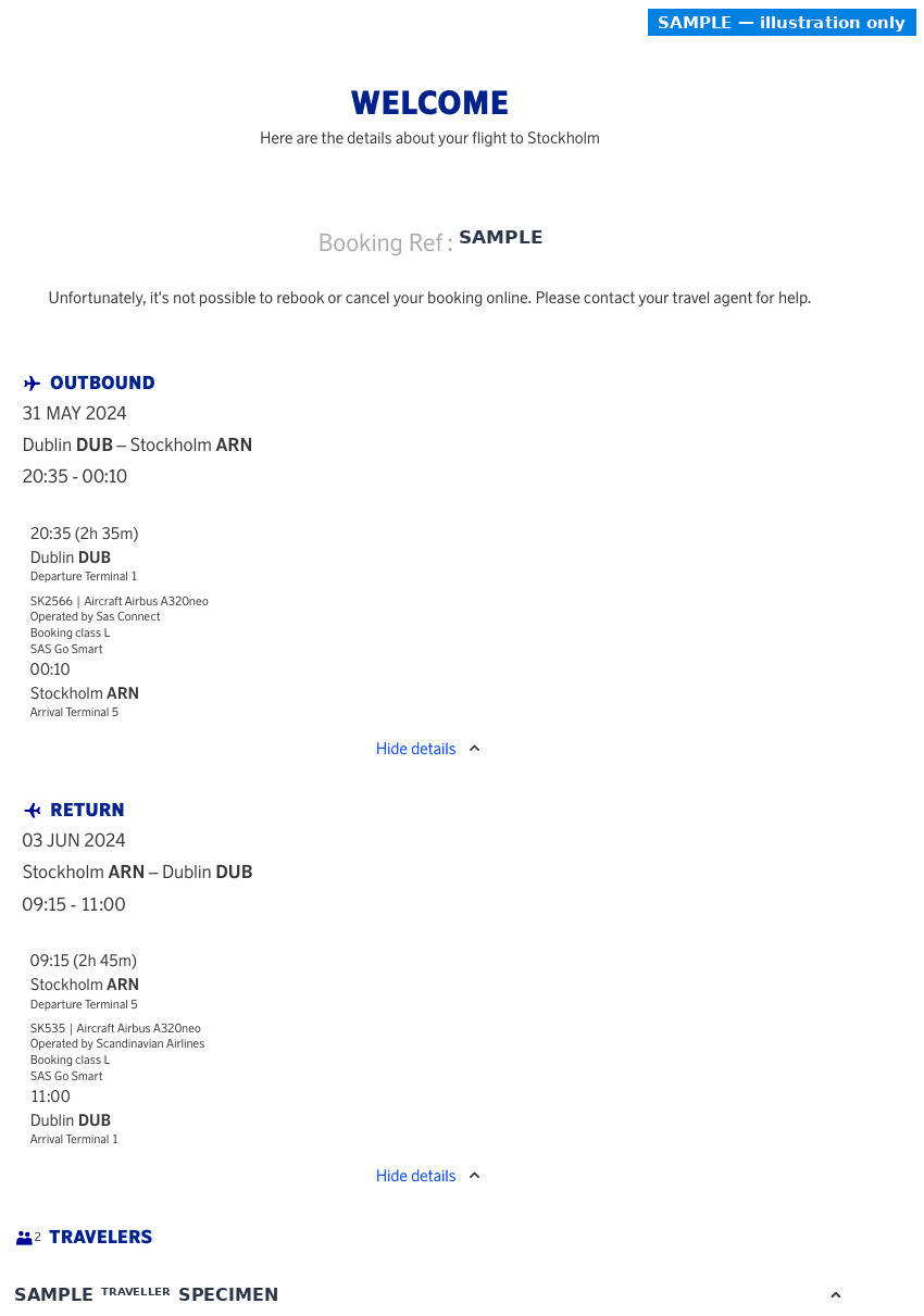 Sample SAS booking confirmation with the passenger name and booking reference replaced