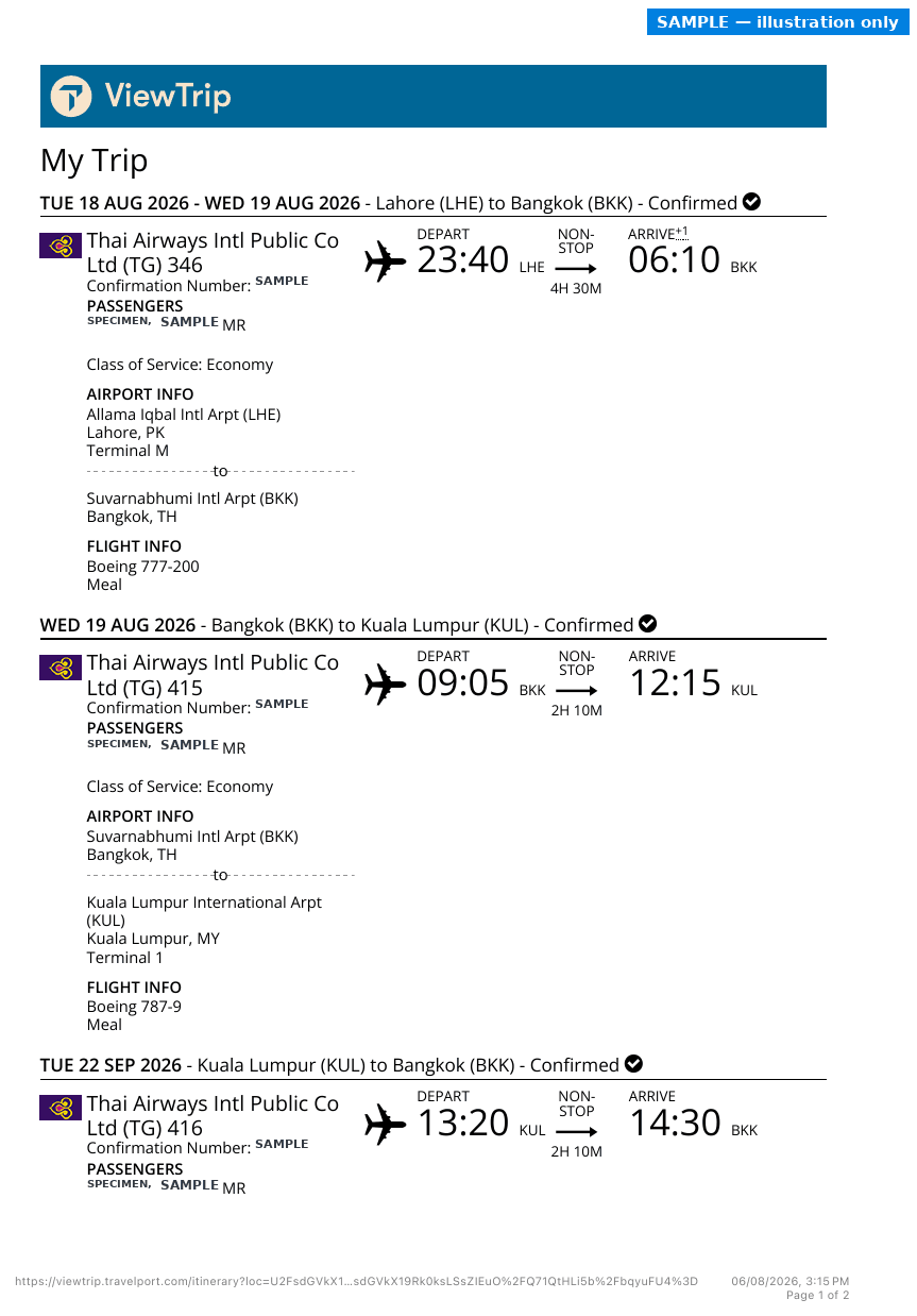 Sample Onward Sample 1 booking confirmation with the passenger name and booking reference replaced