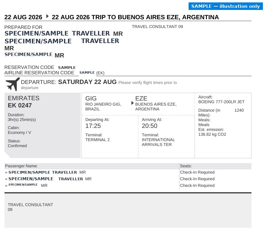 Sample Onward Sample 2 booking confirmation with the passenger name and booking reference replaced