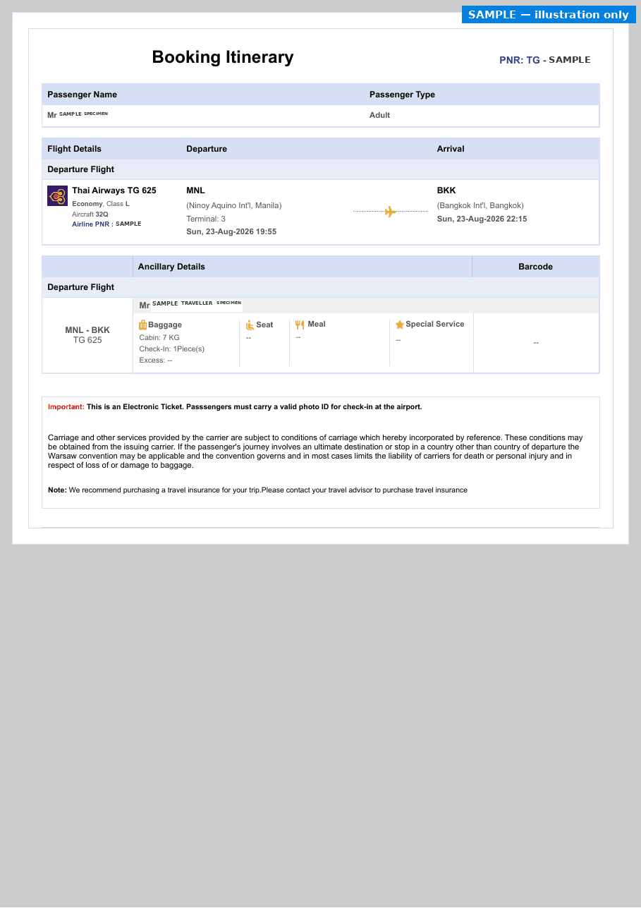 Sample Onward Sample 3 booking confirmation with the passenger name and booking reference replaced