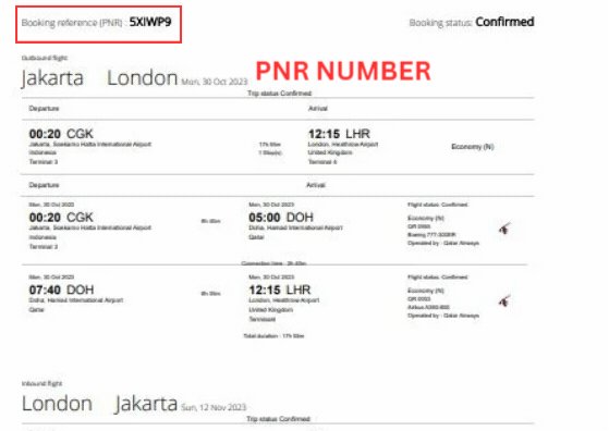 Screenshot of a confirmed flight itinerary from Jakarta to London with a highlighted PNR number 5XIW9P, showing flight details including departure and arrival times, dates, and airports.